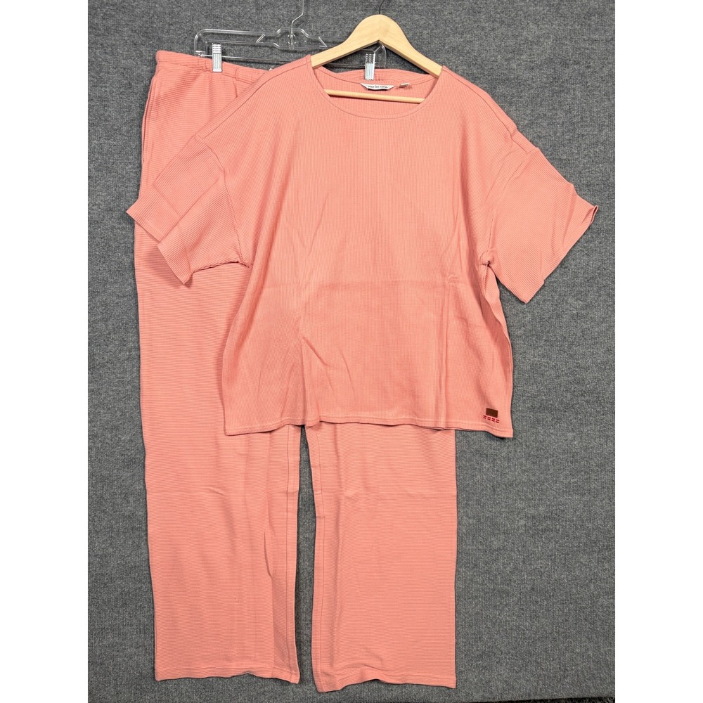 Peace Love World 1XT Top and Pant Set Pink Honeycomb Knit Cotton Blend Pockets